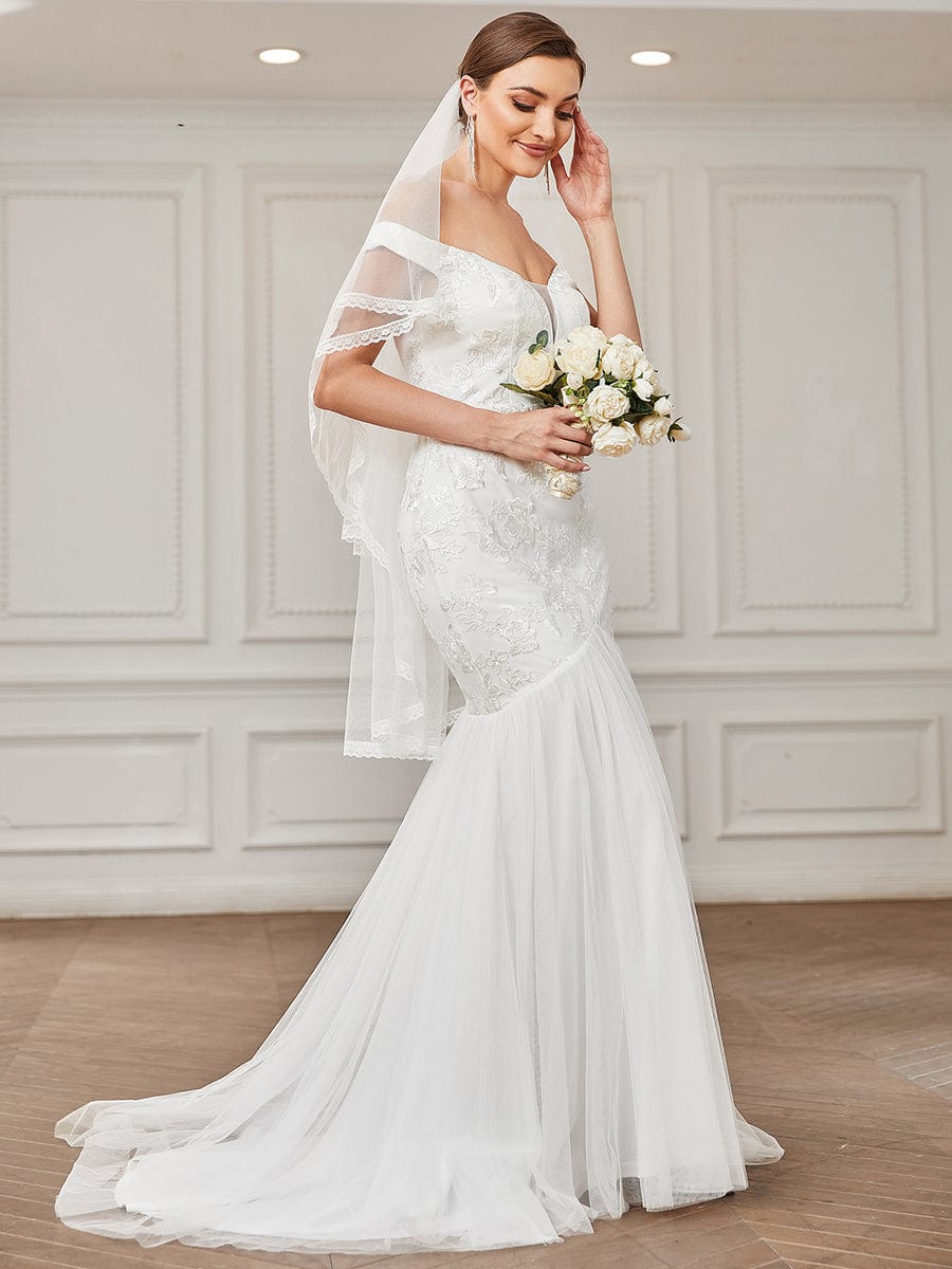 Lace Off the Shoulder Tulle Mermaid Wedding Dress #color_White Lace Off the Shoulder Tulle Mermaid Wedding Dress