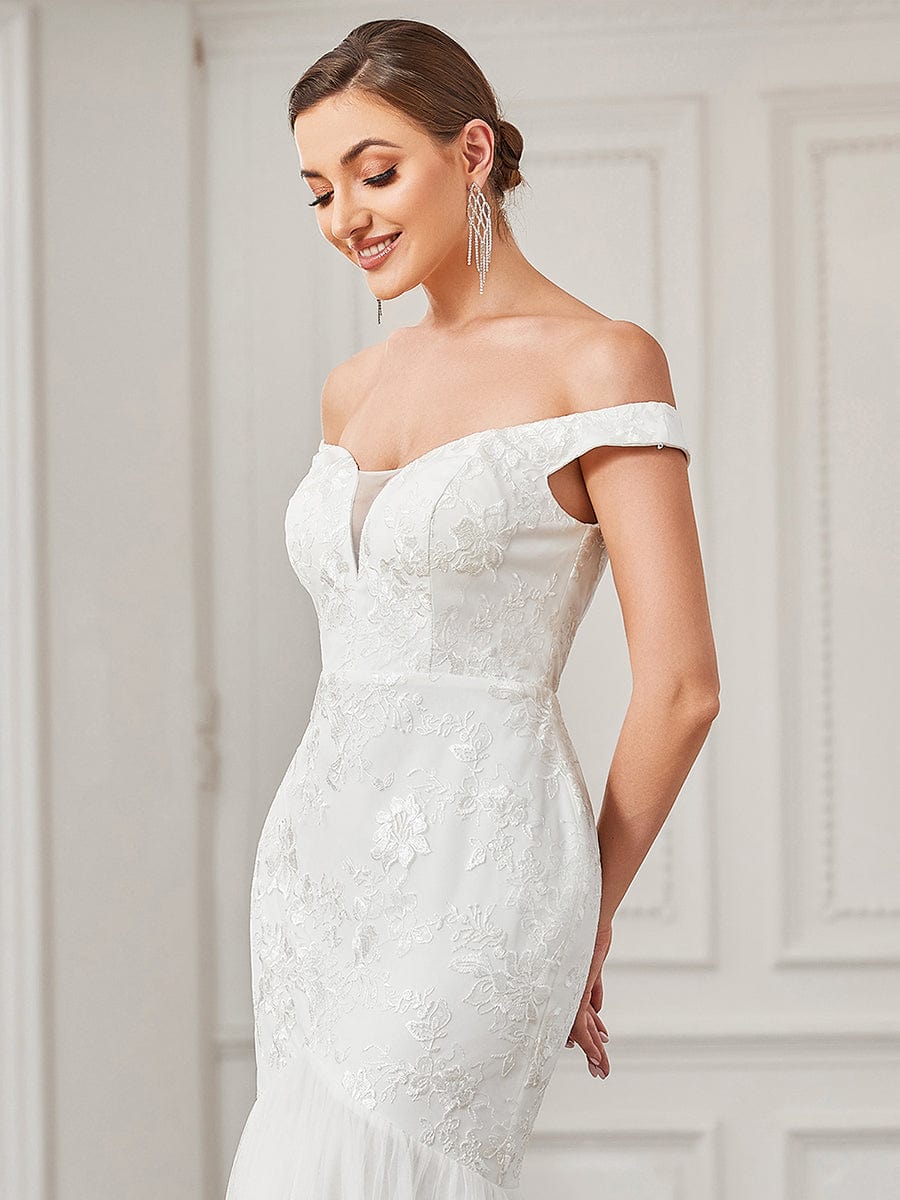 Lace Off the Shoulder Tulle Mermaid Wedding Dress #color_White Lace Off the Shoulder Tulle Mermaid Wedding Dress