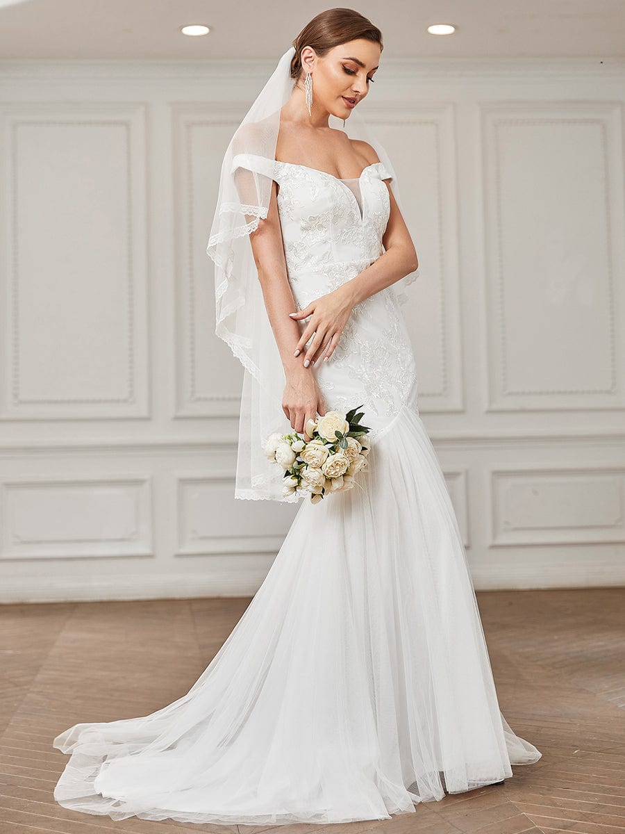 Lace Off the Shoulder Tulle Mermaid Wedding Dress #color_White Lace Off the Shoulder Tulle Mermaid Wedding Dress