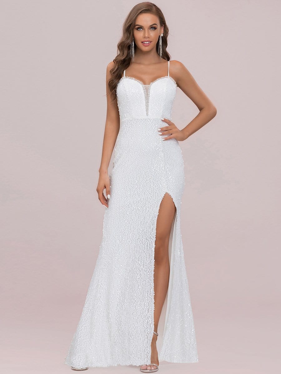 Color=Cream | Stunning V-Neck Paillette Fishtail Hem White Wedding Dress-Cream 1 Color=Cream | Stunning V-Neck Paillette Fishtail Hem White Wedding Dress-Cream 1