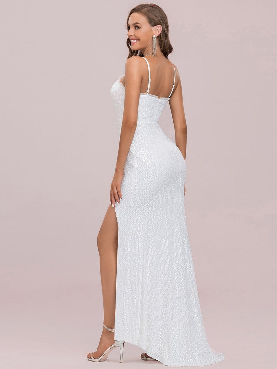 Color=Cream | Stunning V-Neck Paillette Fishtail Hem White Wedding Dress-Cream 1 Color=Cream | Stunning V-Neck Paillette Fishtail Hem White Wedding Dress-Cream 1