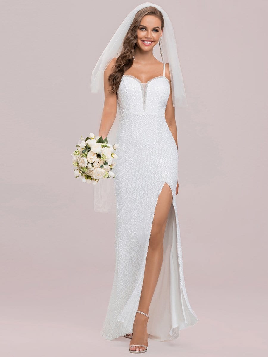 Color=Cream | Stunning V-Neck Paillette Fishtail Hem White Wedding Dress-Cream 1