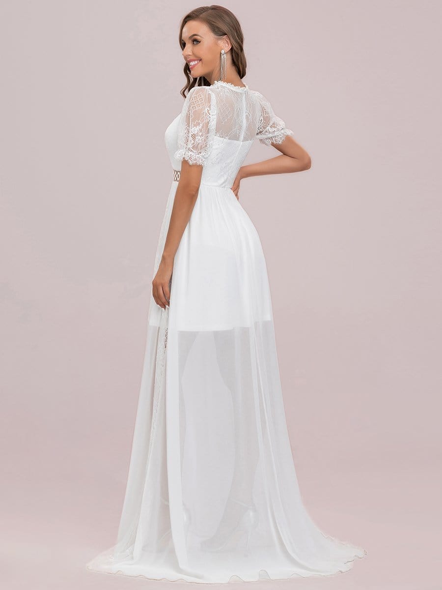 Color=Cream | Short Sleeve Floral Lace Sheer Vintage Wedding Dress-Cream 1 Color=Cream | Short Sleeve Floral Lace Sheer Vintage Wedding Dress-Cream 1