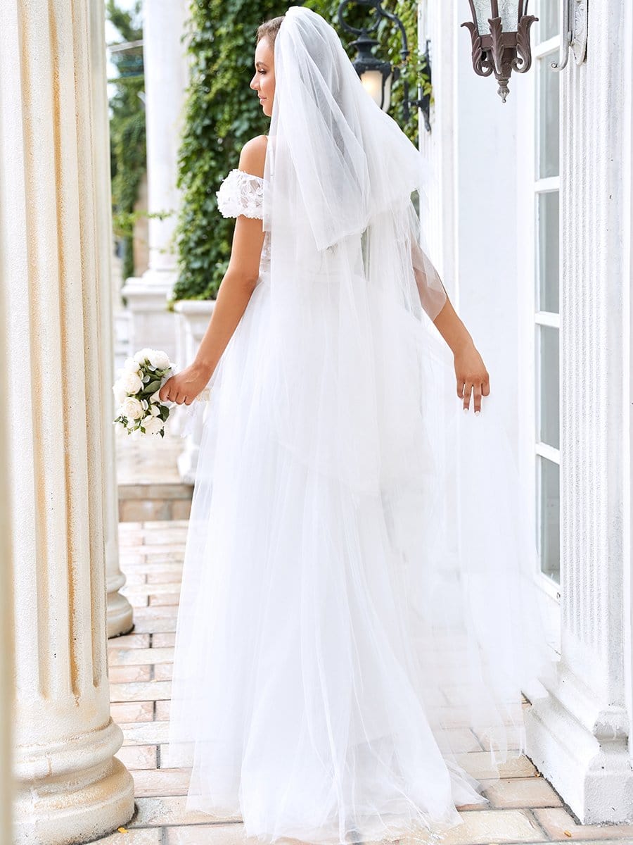 Color=Cream | Cold Shoulder V-Neck Double Layer Wedding Dress-Cream 2