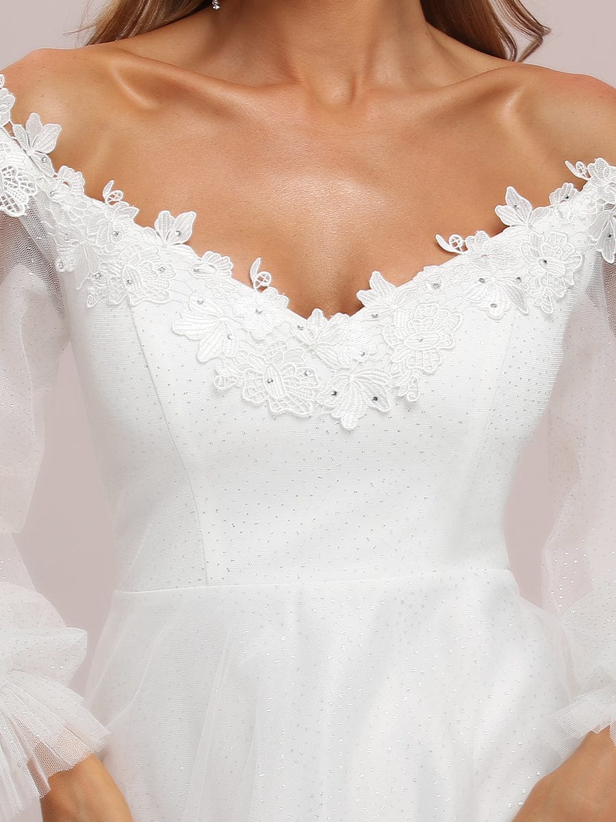 Sheer Lantern Sleeve Off the Shoulder Wedding Dress #color_Cream Sheer Lantern Sleeve Off the Shoulder Wedding Dress