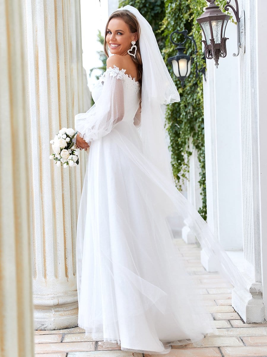 Sheer Lantern Sleeve Off the Shoulder Wedding Dress #color_Cream Sheer Lantern Sleeve Off the Shoulder Wedding Dress