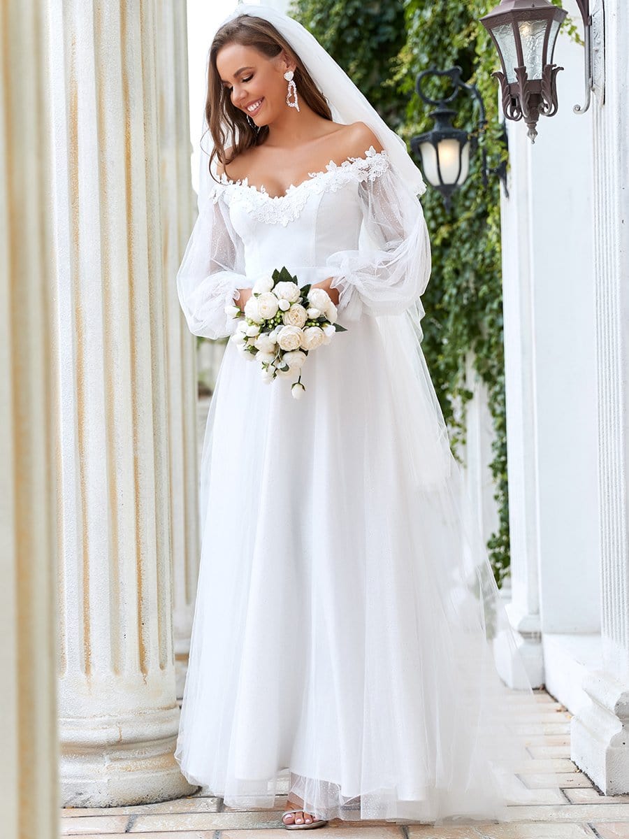 Sheer Lantern Sleeve Off the Shoulder Wedding Dress #color_Cream Sheer Lantern Sleeve Off the Shoulder Wedding Dress