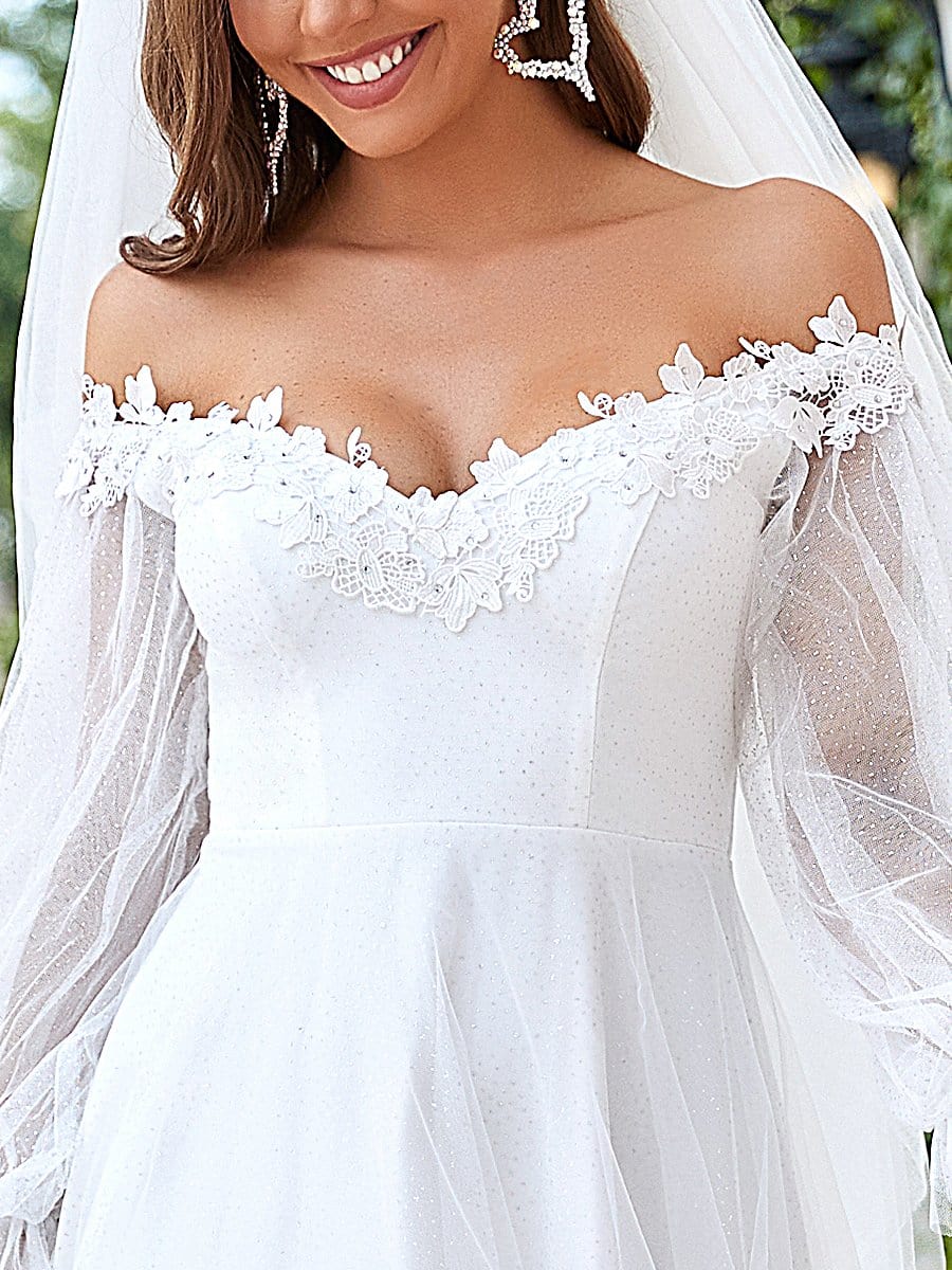 Sheer Lantern Sleeve Off the Shoulder Wedding Dress #color_Cream Sheer Lantern Sleeve Off the Shoulder Wedding Dress