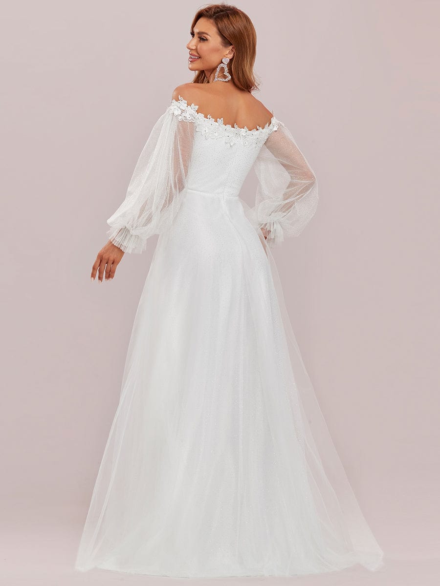 Sheer Lantern Sleeve Off the Shoulder Wedding Dress #color_Cream Sheer Lantern Sleeve Off the Shoulder Wedding Dress
