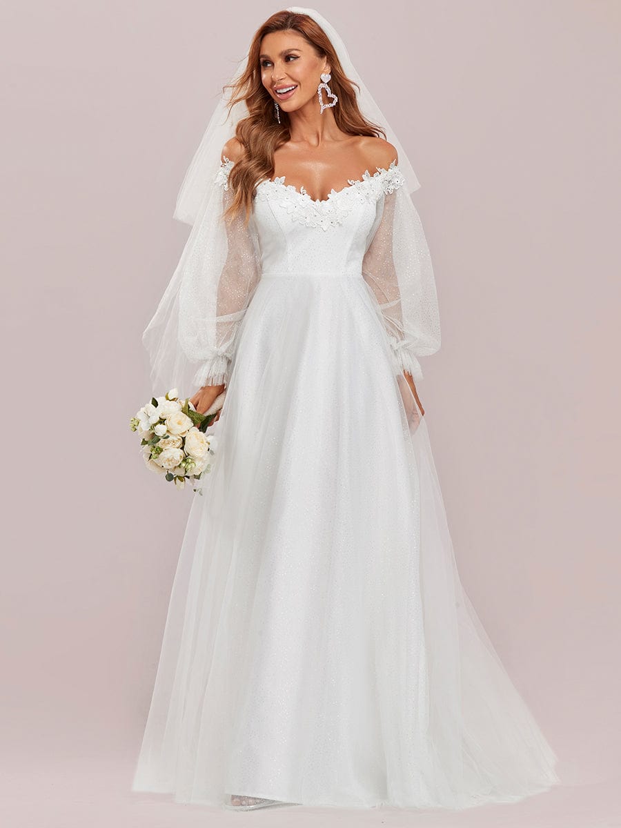 Sheer Lantern Sleeve Off the Shoulder Wedding Dress #color_Cream Sheer Lantern Sleeve Off the Shoulder Wedding Dress