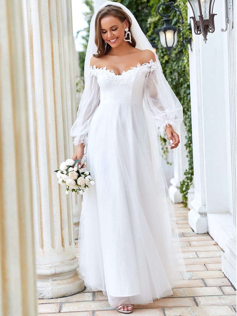 Sheer Lantern Sleeve Off the Shoulder Wedding Dress #color_Cream Sheer Lantern Sleeve Off the Shoulder Wedding Dress