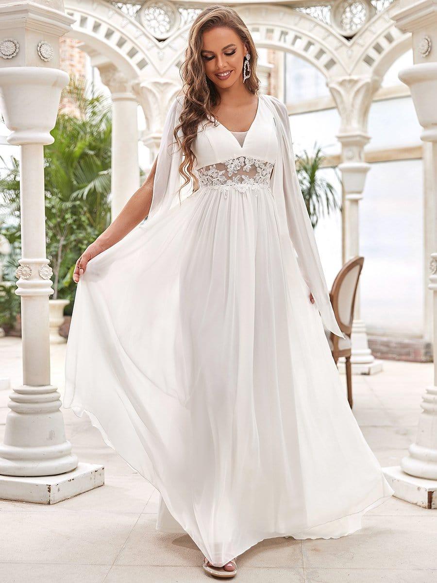 Illusion Lace V-Neck Cape Sleeves A-Line Wedding Dress #color_Cream Custom Size Cape Sleeves Lace Floral V-Neck Maxi Wedding Dress