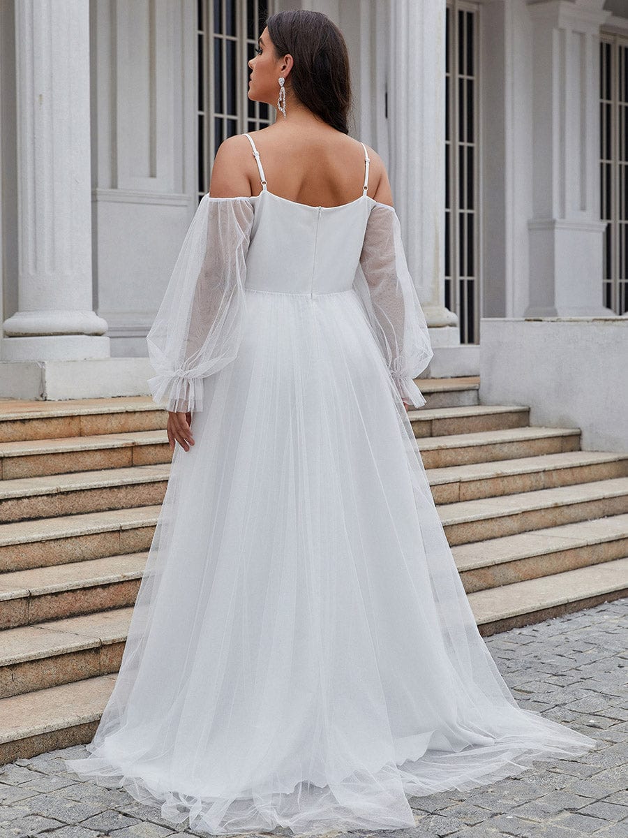 Boho Chic Cold Shoulder Lantern Sleeve Wedding Dress #color_Cream Boho Chic Cold Shoulder Lantern Sleeve Wedding Dress