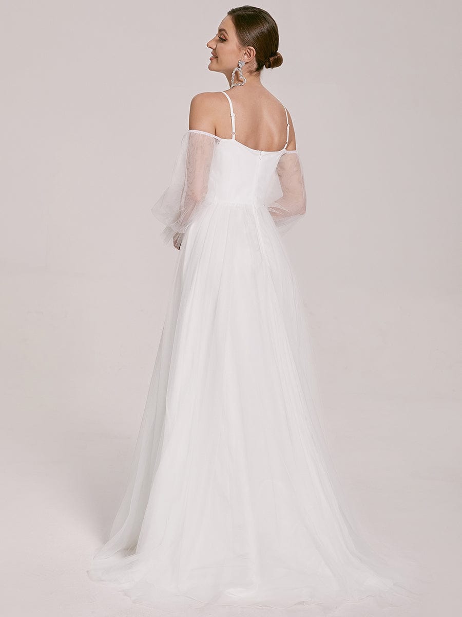Boho Chic Cold Shoulder Lantern Sleeve Wedding Dress #color_Cream Boho Chic Cold Shoulder Lantern Sleeve Wedding Dress