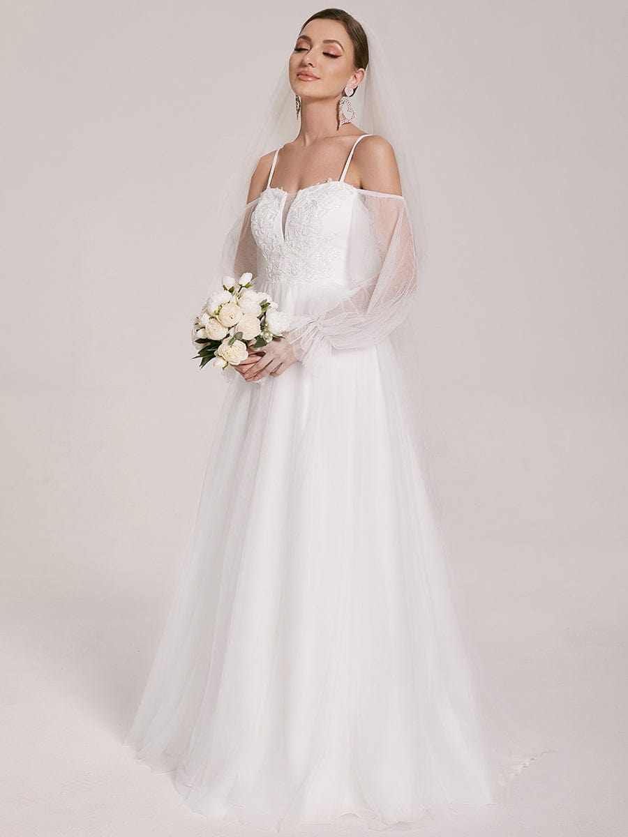 Boho Chic Cold Shoulder Lantern Sleeve Wedding Dress #color_Cream Boho Chic Cold Shoulder Lantern Sleeve Wedding Dress