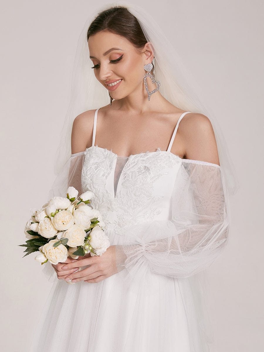 Boho Chic Cold Shoulder Lantern Sleeve Wedding Dress #color_Cream Boho Chic Cold Shoulder Lantern Sleeve Wedding Dress