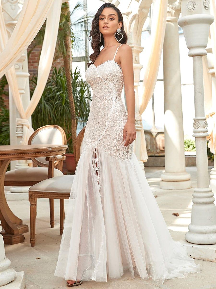 Custom Size Floral Spaghetti Strap Lace Backless Long Mermaid Wedding Dress #color_Cream Custom Size Floral Spaghetti Strap Lace Backless Long Mermaid Wedding Dress