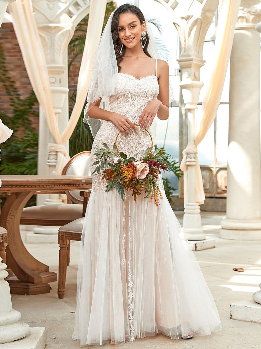 Custom Size Floral Spaghetti Strap Lace Backless Long Mermaid Wedding Dress #color_Cream Custom Size Floral Spaghetti Strap Lace Backless Long Mermaid Wedding Dress