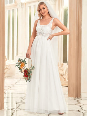 Color=White | A-Line Tulle Sheer Floral Applique Wedding Dress-White 4