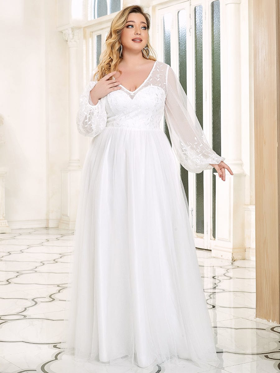 Sheer Floral Puffed Sleeve Sweetheart A-Line Wedding Dress #Color_White Sheer Floral Puffed Sleeve Sweetheart A-Line Wedding Dress