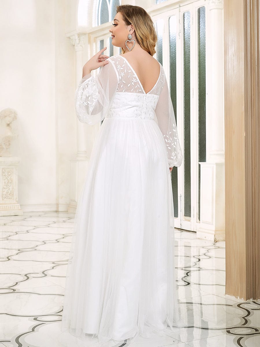 Sheer Floral Puffed Sleeve Sweetheart A-Line Wedding Dress #Color_White Sheer Floral Puffed Sleeve Sweetheart A-Line Wedding Dress