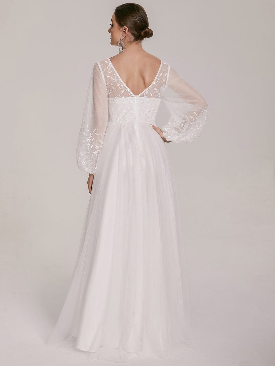 Sheer Floral Puffed Sleeve Sweetheart A-Line Wedding Dress #Color_White Sheer Floral Puffed Sleeve Sweetheart A-Line Wedding Dress