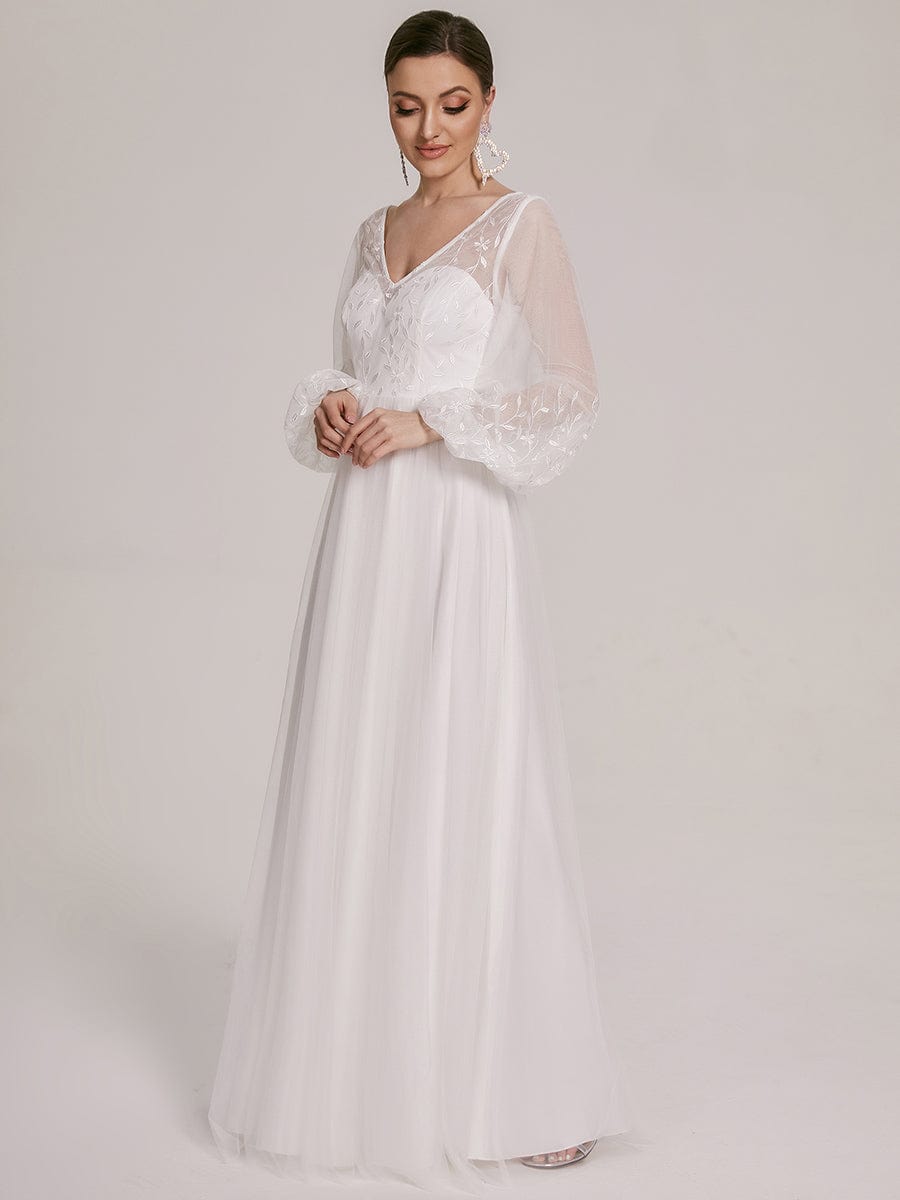 Sheer Floral Puffed Sleeve Sweetheart A-Line Wedding Dress #Color_White Sheer Floral Puffed Sleeve Sweetheart A-Line Wedding Dress