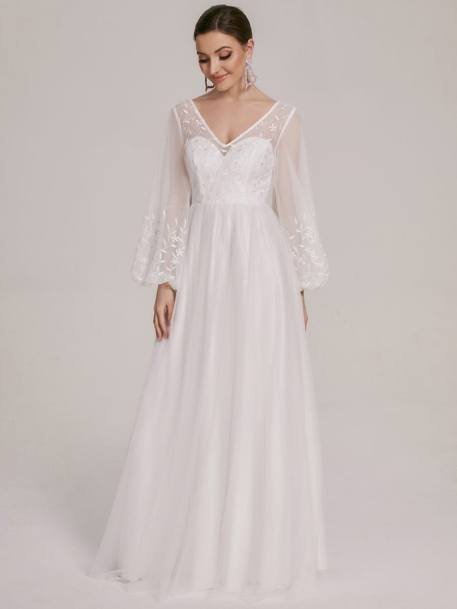 Sheer Floral Puffed Sleeve Sweetheart A-Line Wedding Dress #Color_White Sheer Floral Puffed Sleeve Sweetheart A-Line Wedding Dress