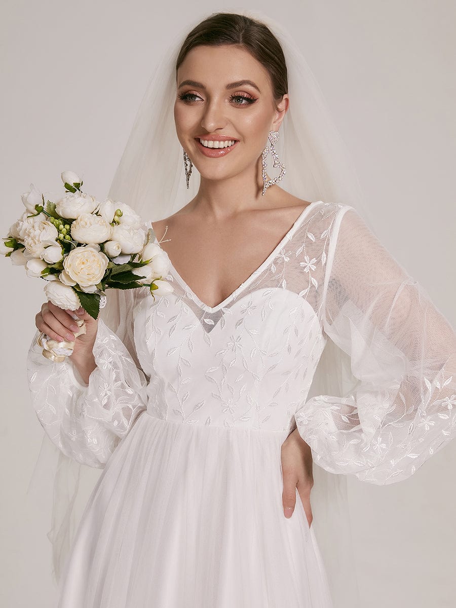 Sheer Floral Puffed Sleeve Sweetheart A-Line Wedding Dress #Color_White Sheer Floral Puffed Sleeve Sweetheart A-Line Wedding Dress