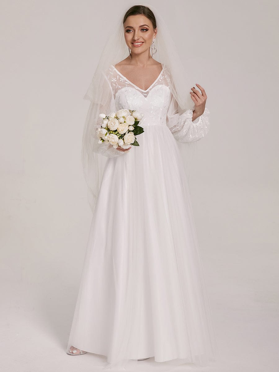 Sheer Floral Puffed Sleeve Sweetheart A-Line Wedding Dress #Color_White Sheer Floral Puffed Sleeve Sweetheart A-Line Wedding Dress