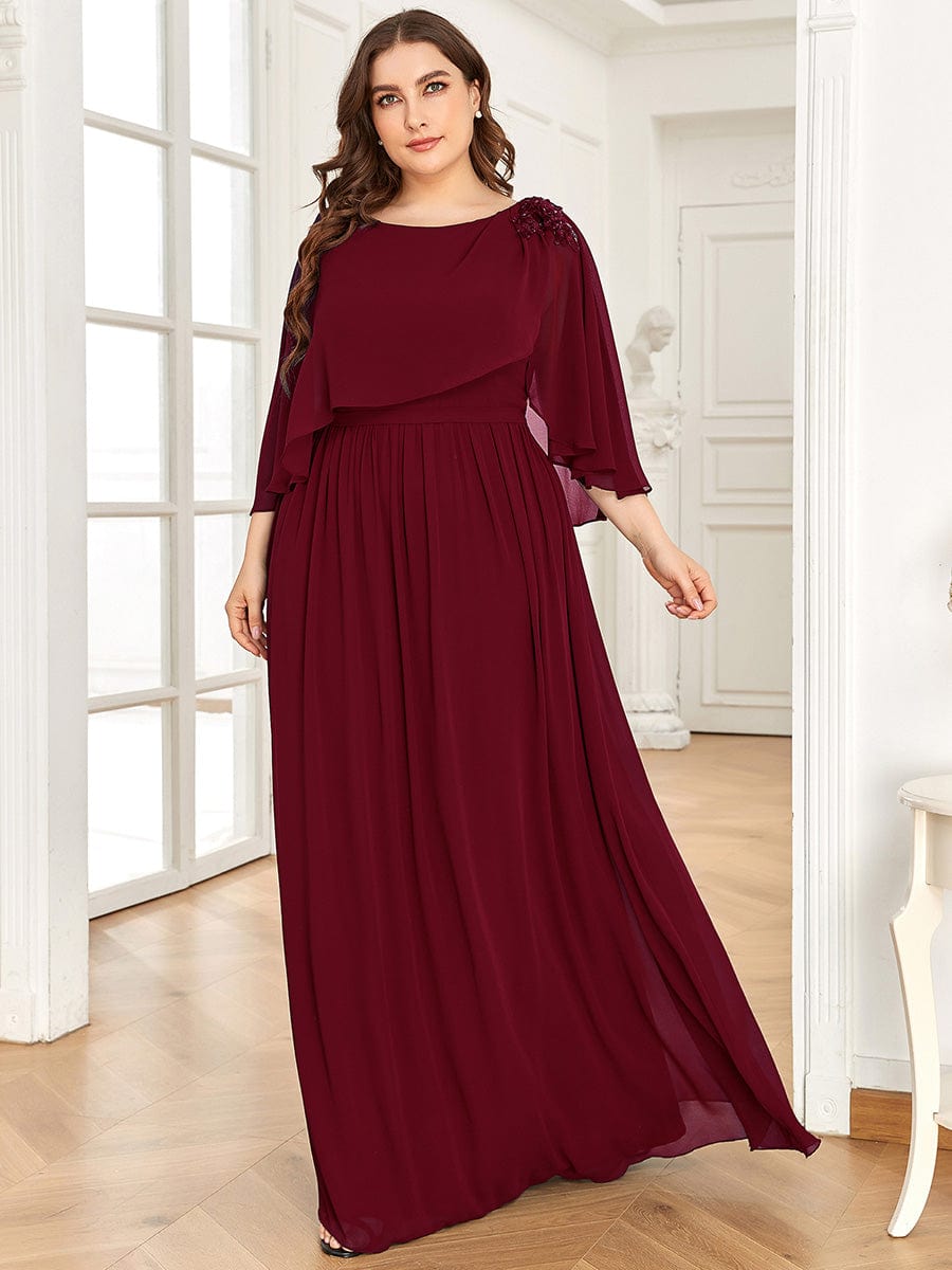 Sequin Applique Chiffon Cape A-Line Mother of the Bride Dress #color_Burgundy Plus Size Sequin Applique Chiffon Cape A-Line Mother of the Bride Dress