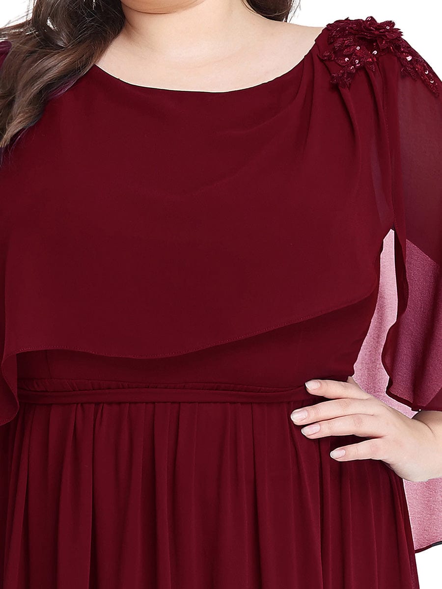 Sequin Applique Chiffon Cape A-Line Mother of the Bride Dress #color_Burgundy Plus Size Sequin Applique Chiffon Cape A-Line Mother of the Bride Dress