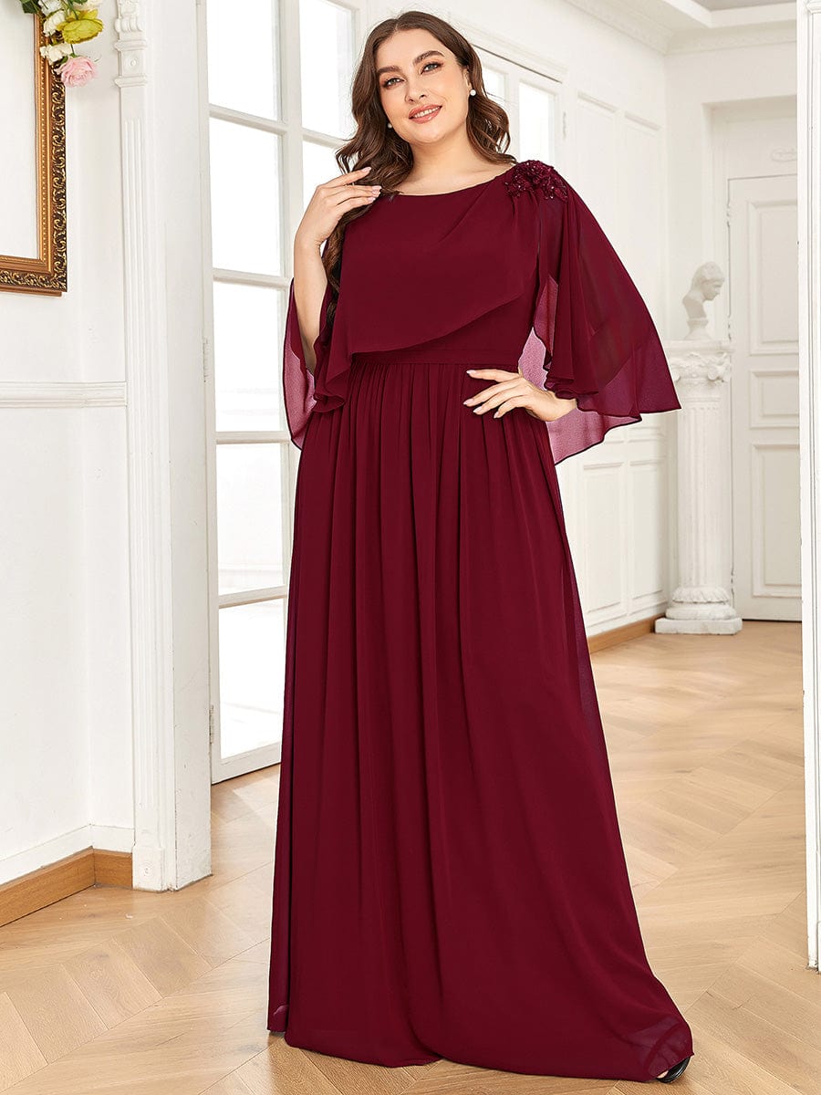 Sequin Applique Chiffon Cape A-Line Mother of the Bride Dress #color_Burgundy Plus Size Sequin Applique Chiffon Cape A-Line Mother of the Bride Dress