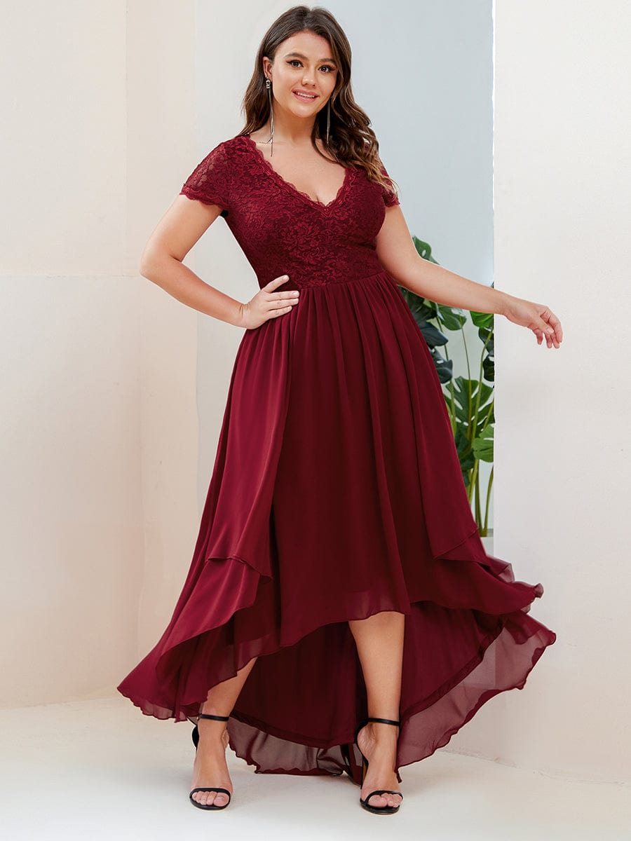 Plus Size High Low Short Sleeve Vintage Lace Mother of the Bride Dress #color_Burgundy Plus Size High Low Short Sleeve Vintage Lace Mother of the Bride Dress