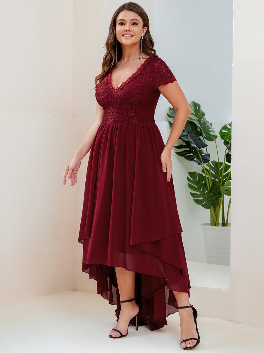 Custom Size Short Sleeve Vintage Lace High Low Mother of the Bride Dress #color_Burgundy Custom Size Short Sleeve Vintage Lace High Low Mother of the Bride Dress