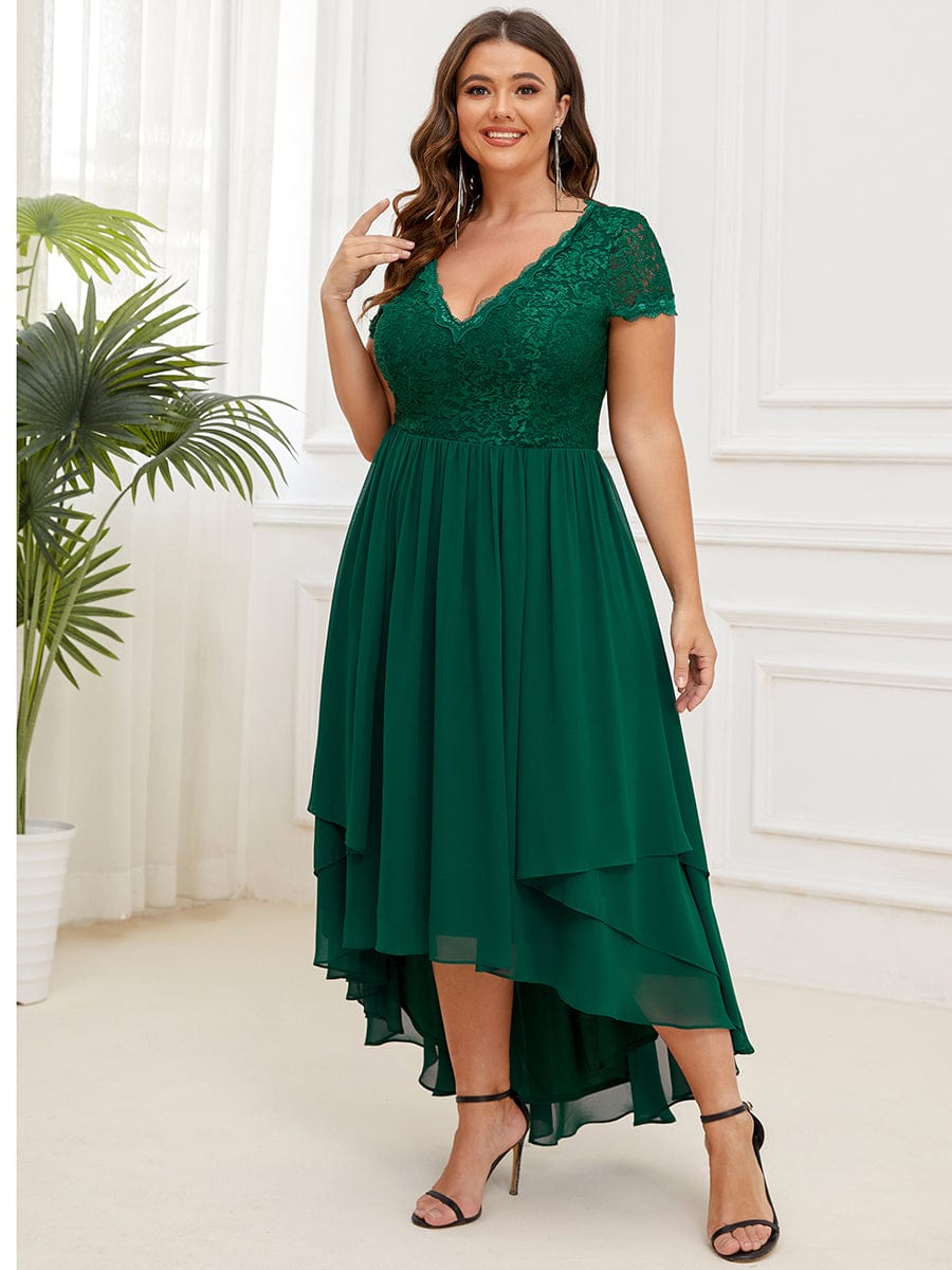 Plus Size High Low Short Sleeve Vintage Lace Mother of the Bride Dress #color_Burgundy Plus Size High Low Short Sleeve Vintage Lace Mother of the Bride Dress