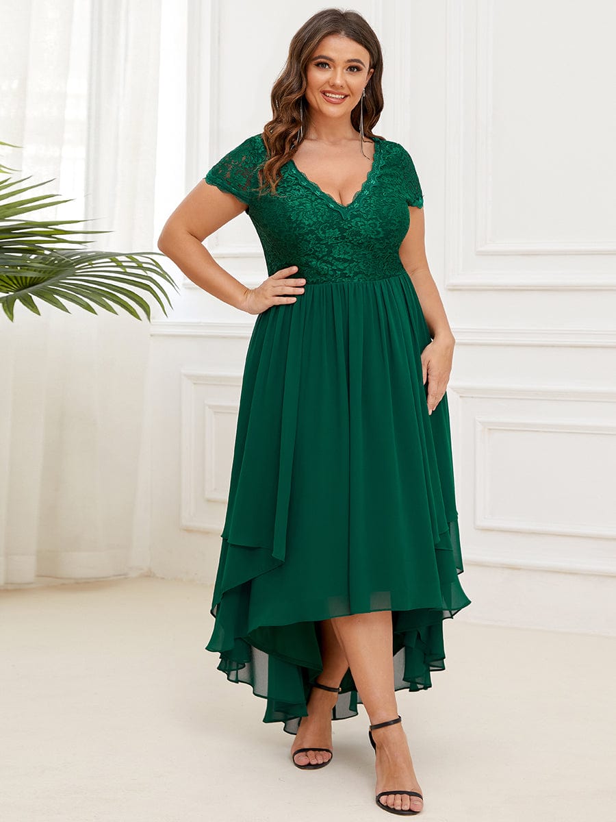 Plus Size High Low Short Sleeve Vintage Lace Mother of the Bride Dress #color_Burgundy Plus Size High Low Short Sleeve Vintage Lace Mother of the Bride Dress