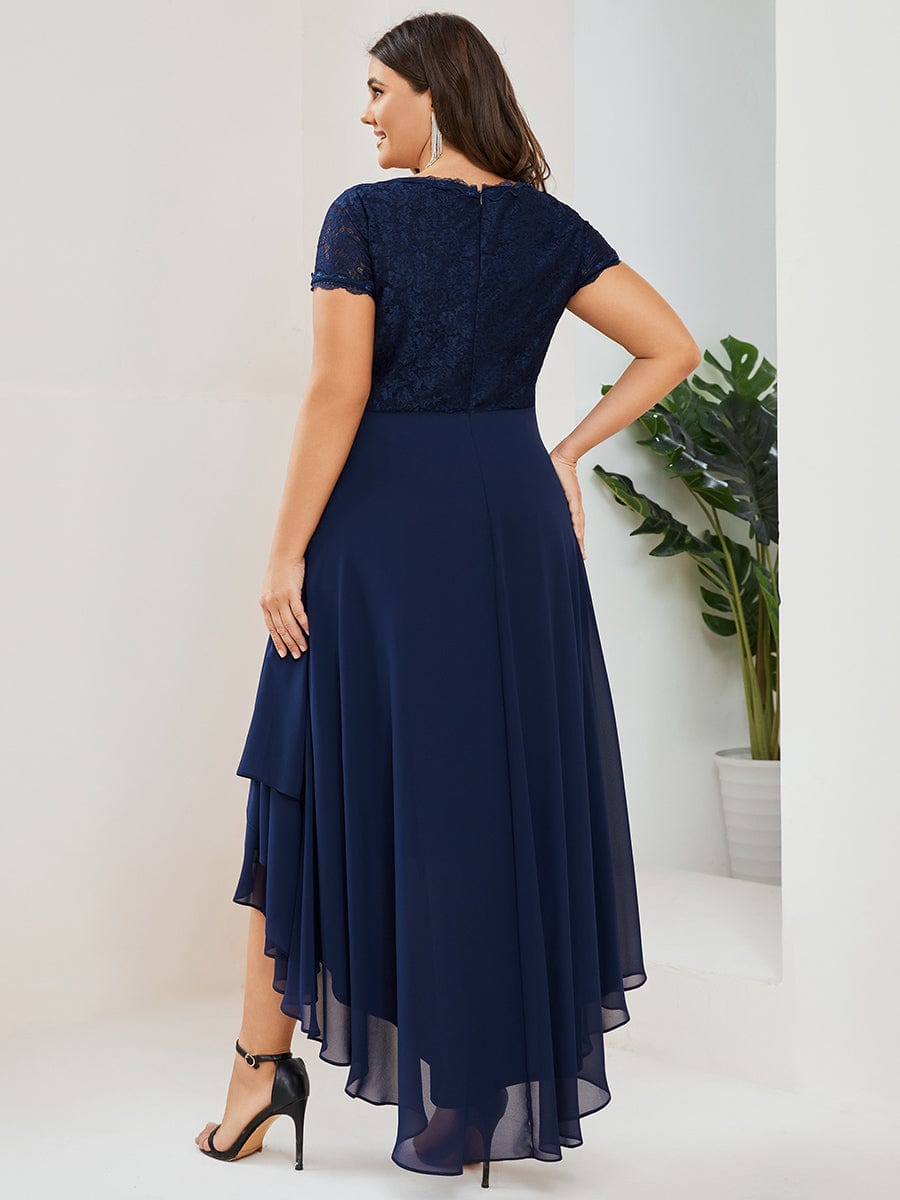 Plus Size High Low Short Sleeve Vintage Lace Mother of the Bride Dress #color_Burgundy Plus Size High Low Short Sleeve Vintage Lace Mother of the Bride Dress