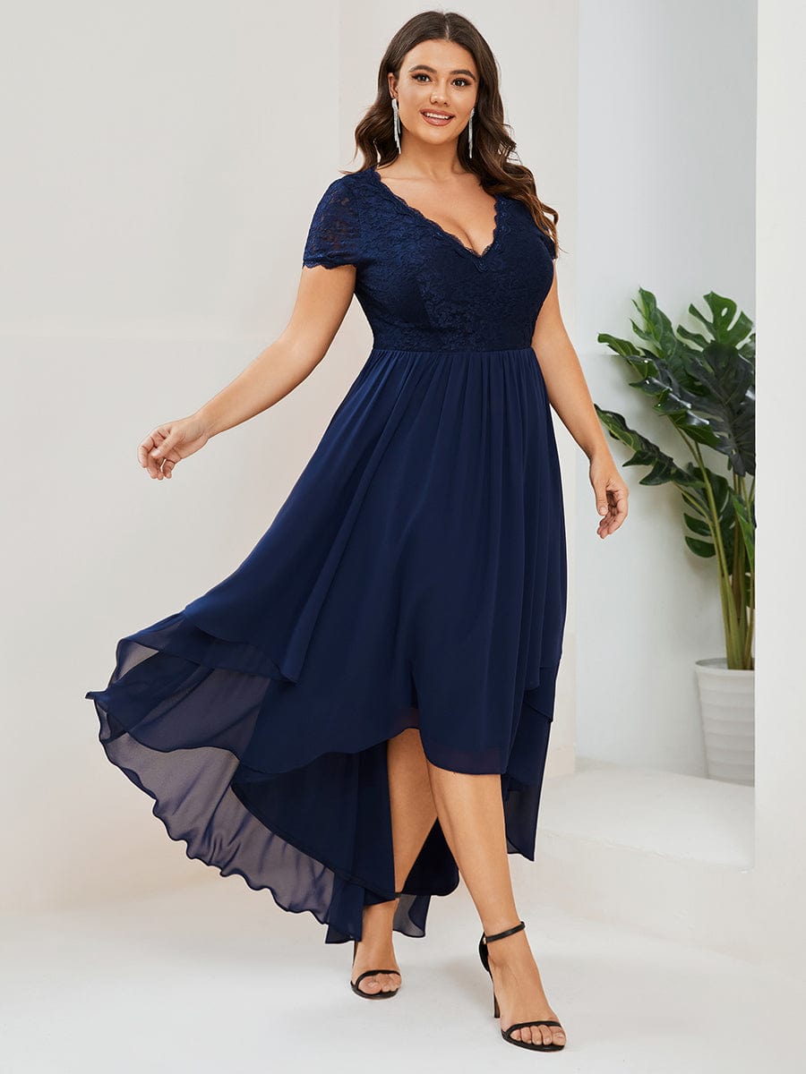 Plus Size High Low Short Sleeve Vintage Lace Mother of the Bride Dress #color_Burgundy Plus Size High Low Short Sleeve Vintage Lace Mother of the Bride Dress