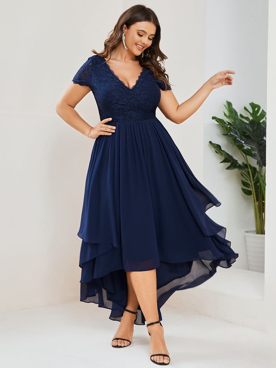 Plus Size High Low Short Sleeve Vintage Lace Mother of the Bride Dress #color_Burgundy Plus Size High Low Short Sleeve Vintage Lace Mother of the Bride Dress