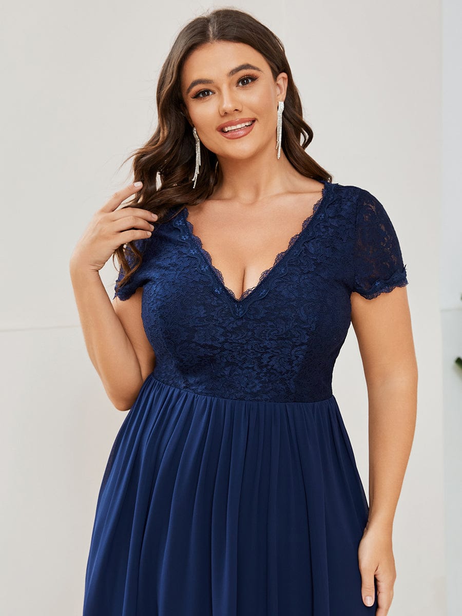 Plus Size High Low Short Sleeve Vintage Lace Mother of the Bride Dress #color_Burgundy Plus Size High Low Short Sleeve Vintage Lace Mother of the Bride Dress