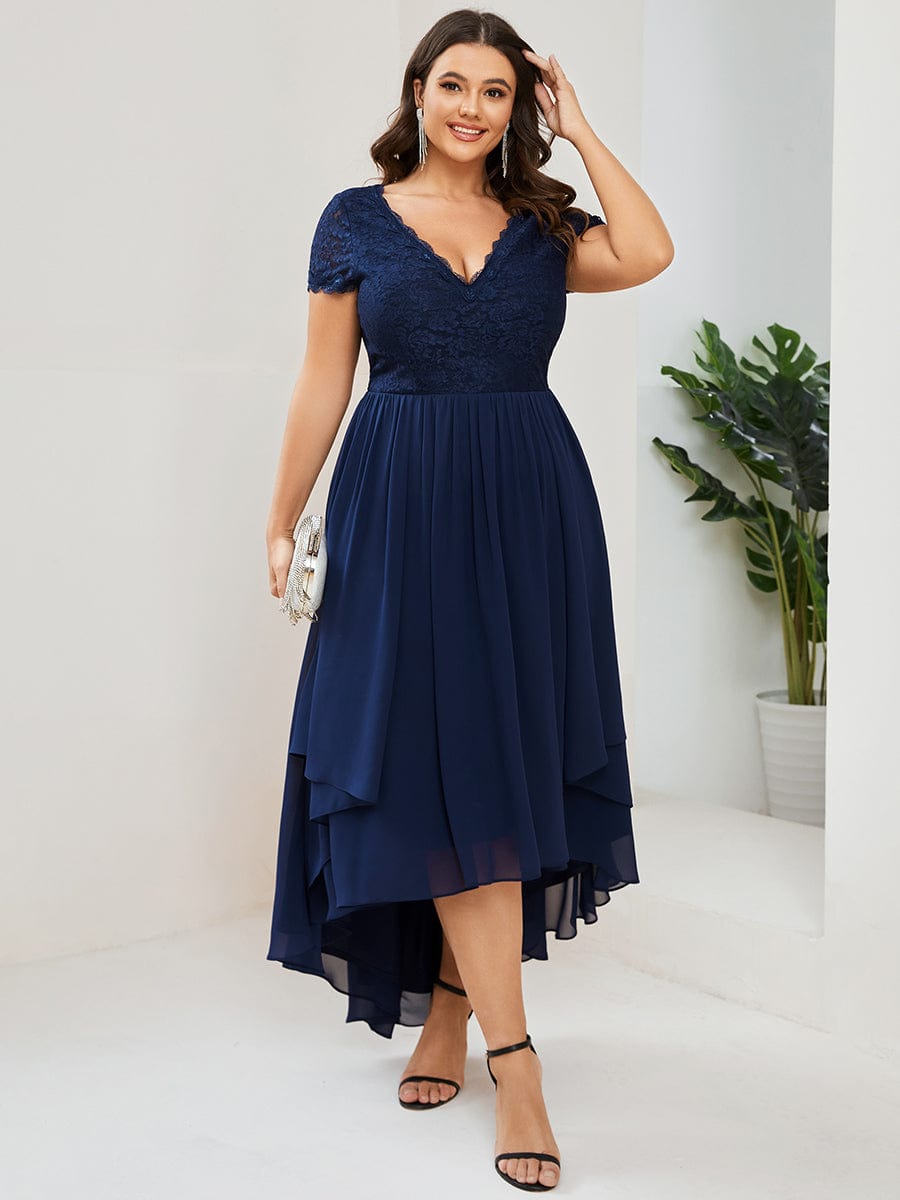 Plus Size High Low Short Sleeve Vintage Lace Mother of the Bride Dress #color_Burgundy Plus Size High Low Short Sleeve Vintage Lace Mother of the Bride Dress