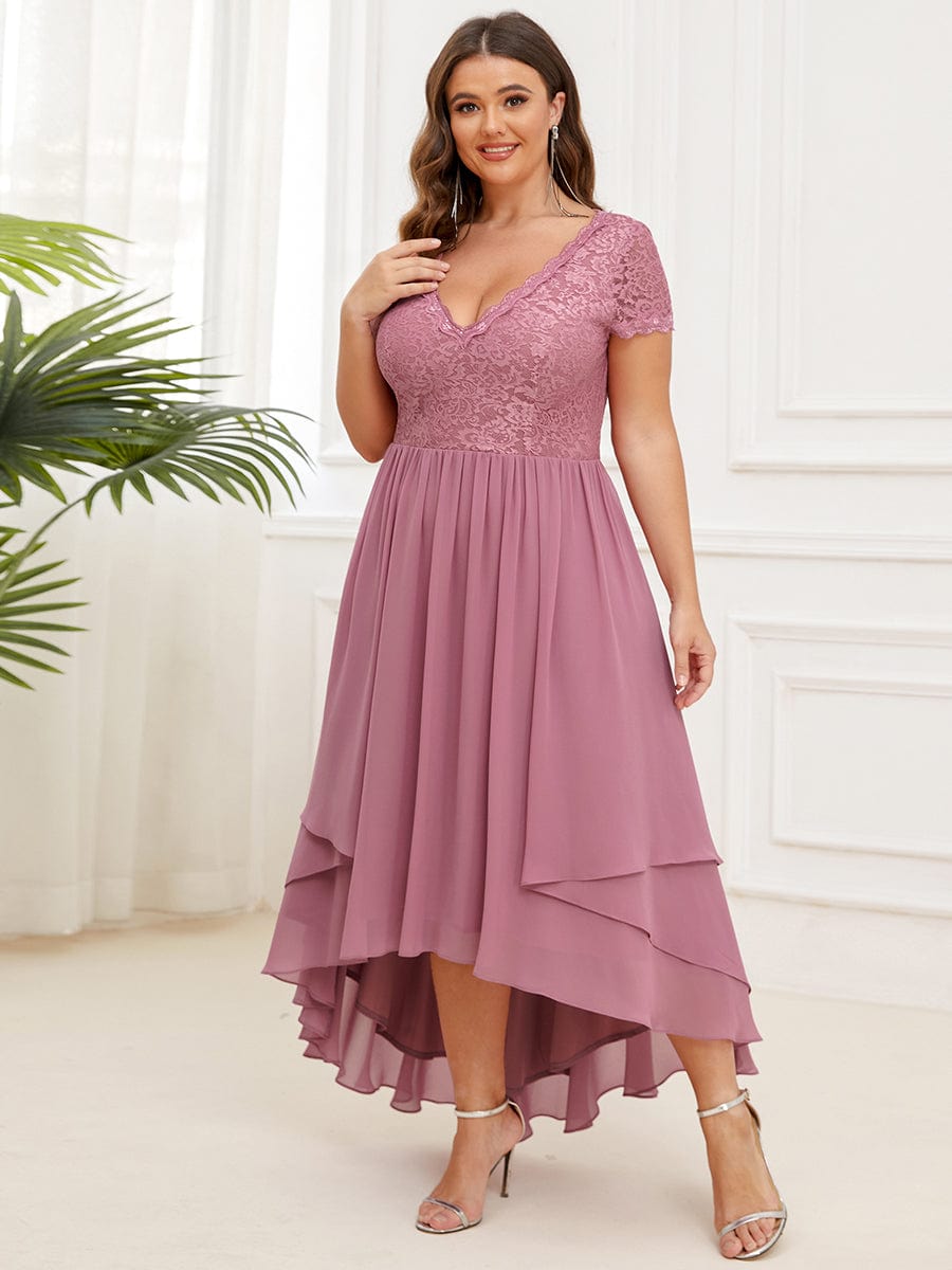 Plus Size High Low Short Sleeve Vintage Lace Mother of the Bride Dress #color_Burgundy Plus Size High Low Short Sleeve Vintage Lace Mother of the Bride Dress
