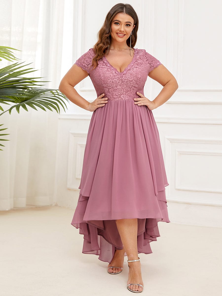 Plus Size High Low Short Sleeve Vintage Lace Mother of the Bride Dress #color_Burgundy Plus Size High Low Short Sleeve Vintage Lace Mother of the Bride Dress