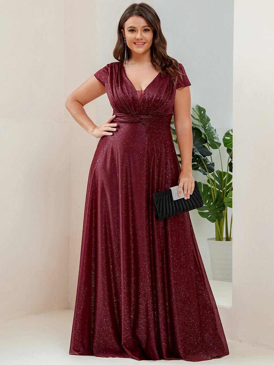 Custom Size Plus Size Cap Sleeve V-neck A-line Mother of the Bride Dress #color_Burgundy Custom Size Cap Sleeve V-neck A-line Mother of the Bride Dress