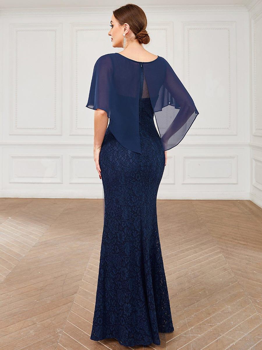 Lace Fishtail Chiffon Coverup Mother Of The Bride Dress #color_Navy Blue