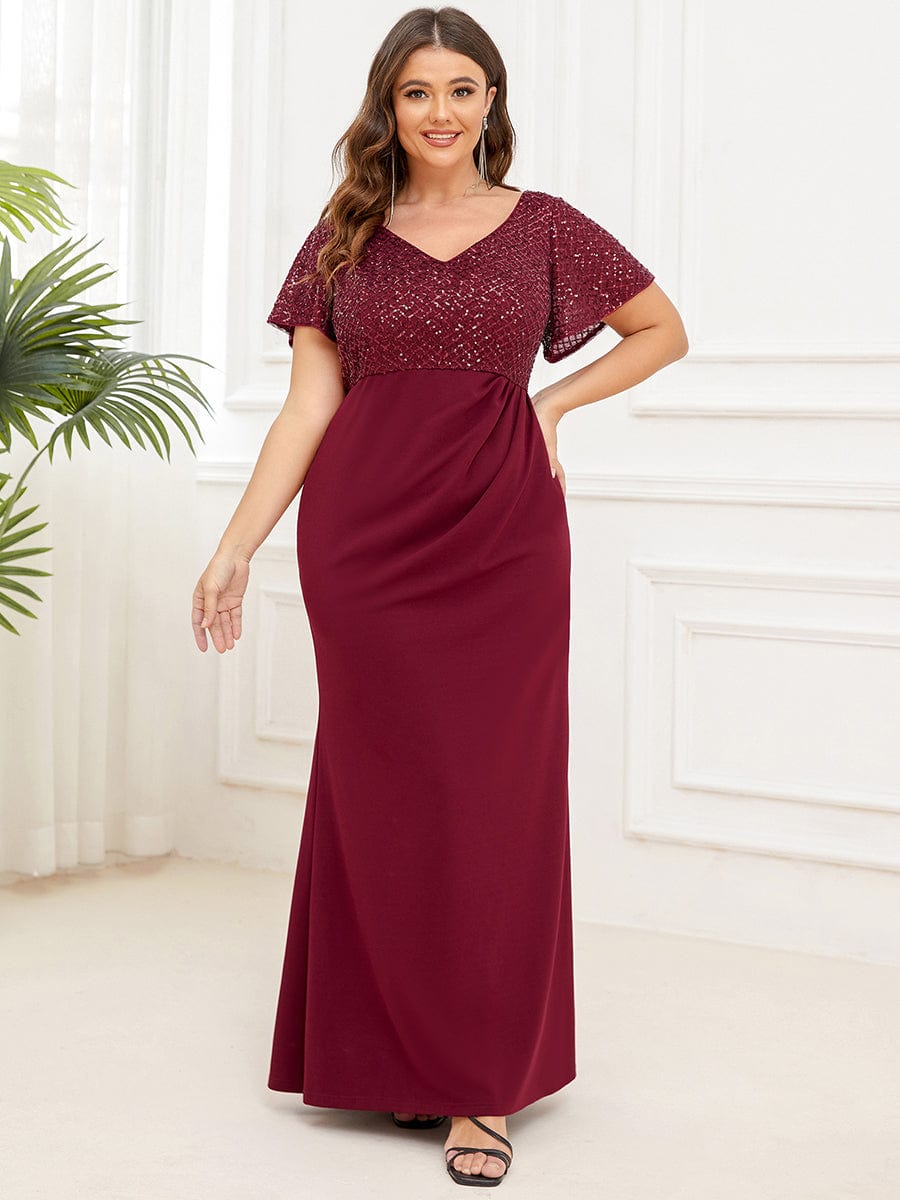 Plus Size Floor-Length Short Sleeve Sequin Mother of the Bride Dress #Color_Burgundy Plus Size Floor-Length Short Sleeve Sequin Mother of the Bride Dress