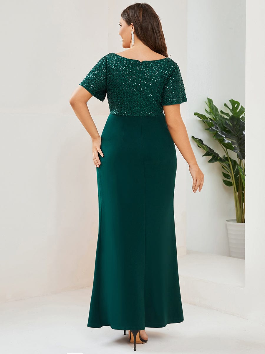 Plus Size Floor-Length Short Sleeve Sequin Mother of the Bride Dress #Color_Burgundy Plus Size Floor-Length Short Sleeve Sequin Mother of the Bride Dress