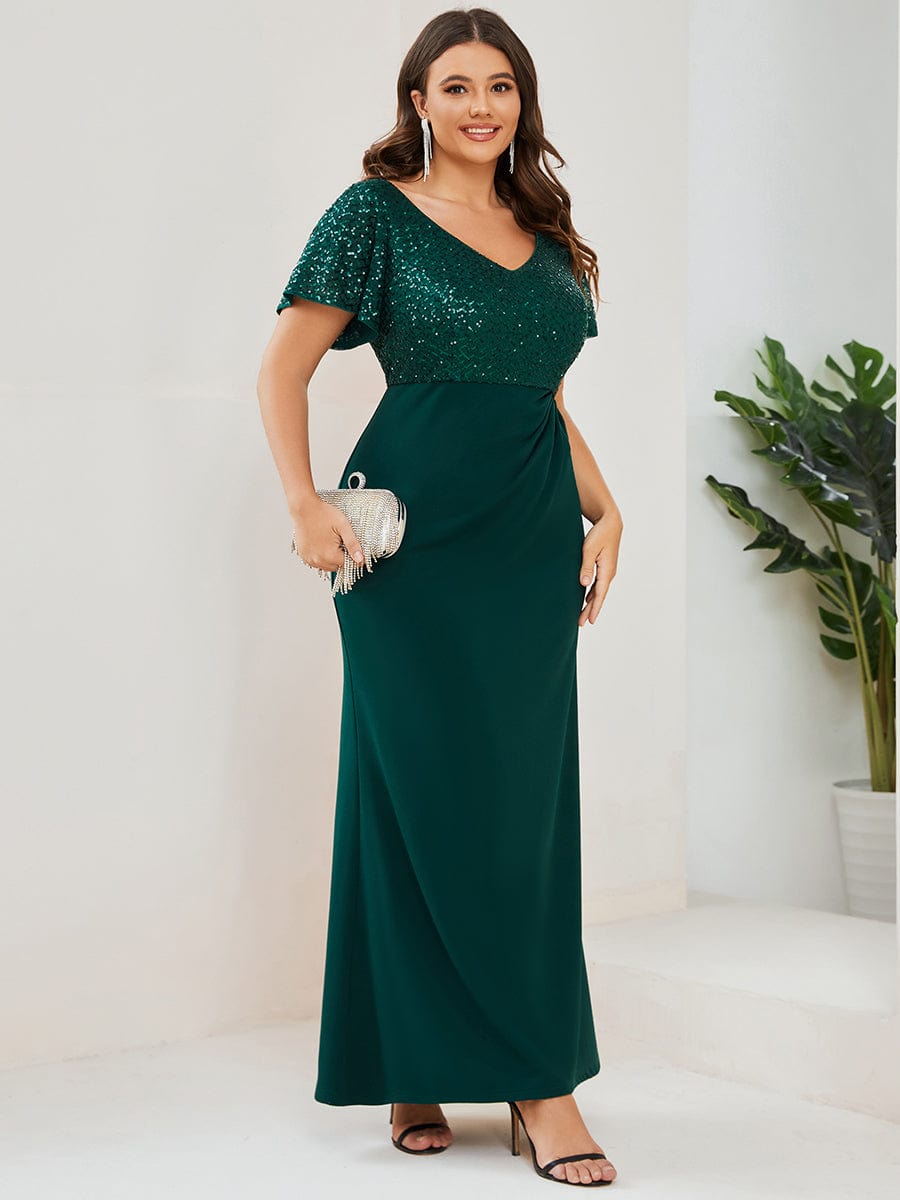 Plus Size Floor-Length Short Sleeve Sequin Mother of the Bride Dress #Color_Burgundy Plus Size Floor-Length Short Sleeve Sequin Mother of the Bride Dress