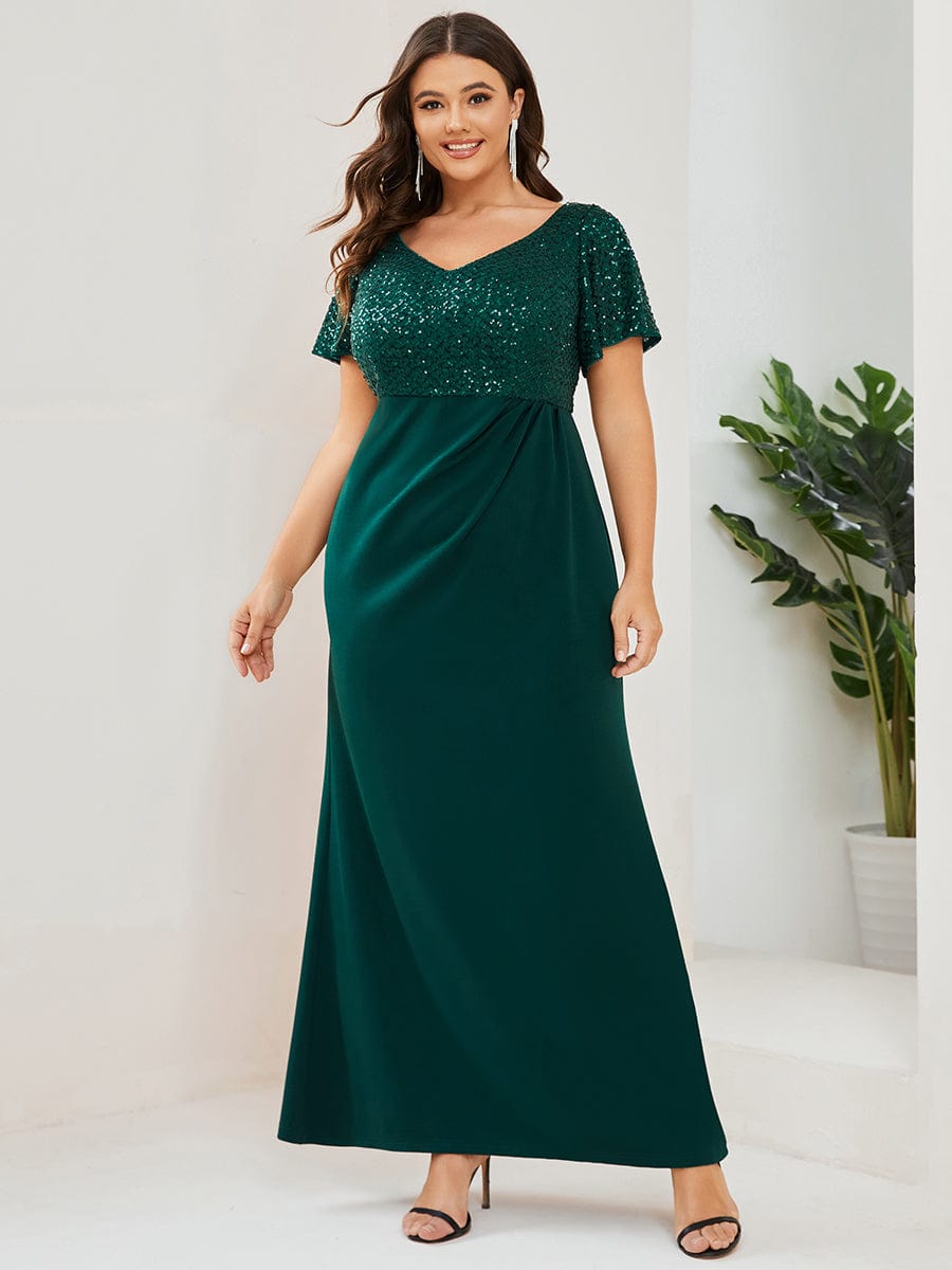 Plus Size Floor-Length Short Sleeve Sequin Mother of the Bride Dress